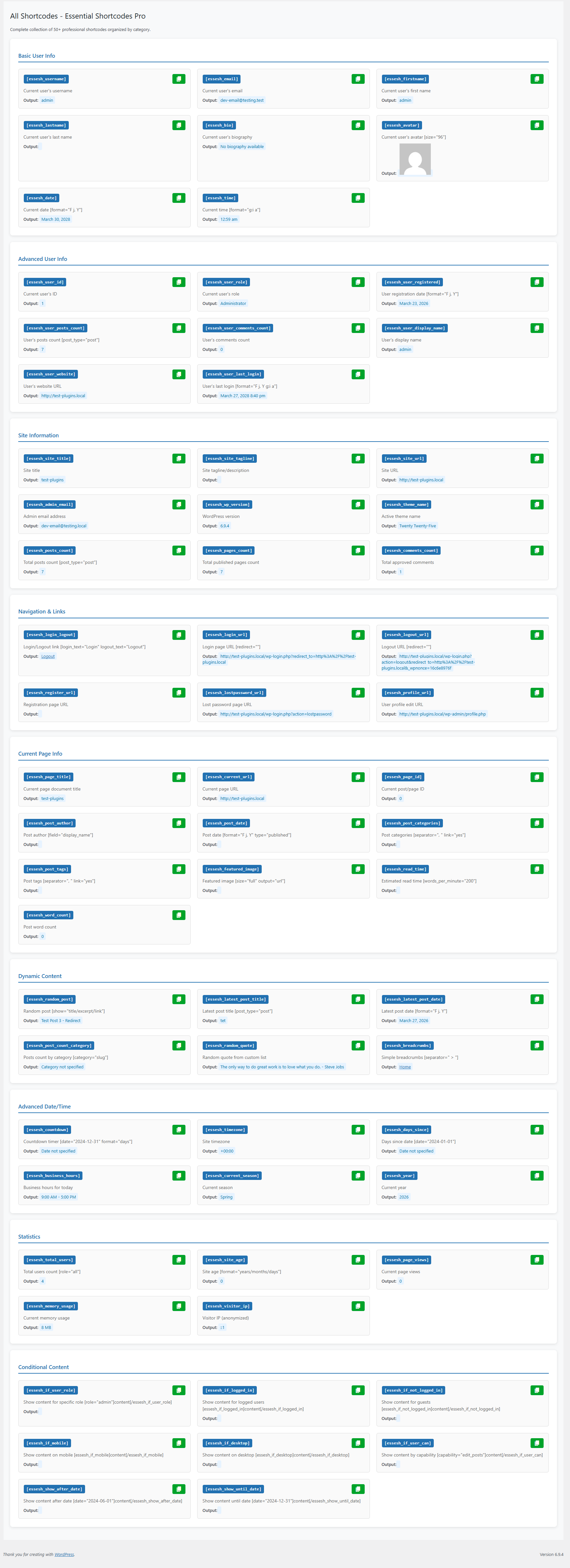 Essential Shortcodes Pro - Dashboard